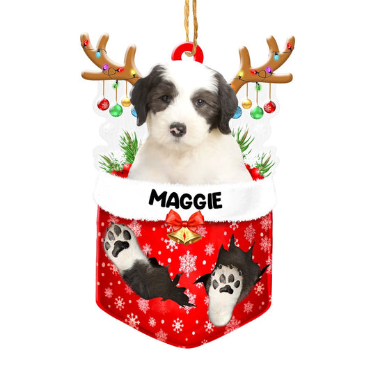 Christmas Dog Ornament, Personalized Old English Sheepdog In Snow Pocket Christmas Acrylic Ornament, New Dog Christmas Ornament