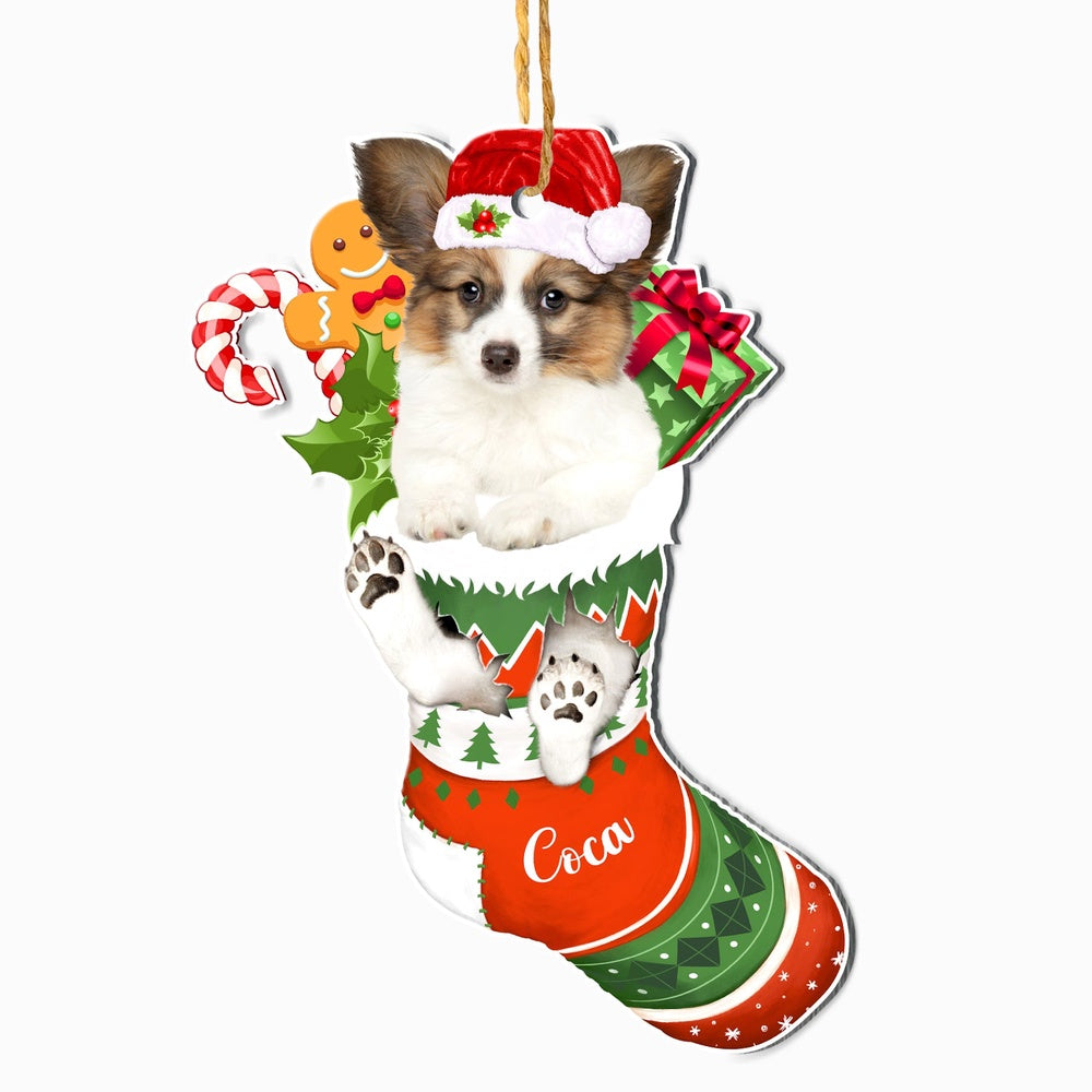Christmas Dog Ornament, Personalized Papillon In Christmas Stocking Ornament, New Dog Christmas Ornament