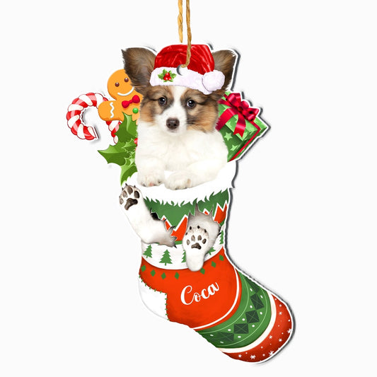 Christmas Dog Ornament, Personalized Papillon In Christmas Stocking Ornament, New Dog Christmas Ornament