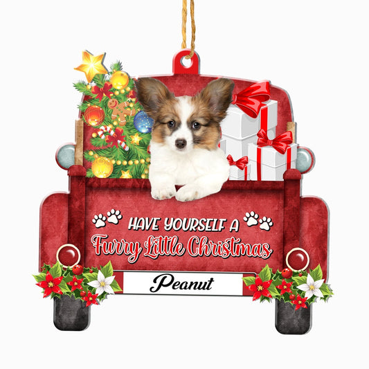 Christmas Dog Ornament, Personalized Papillon Red Truck Christmas Ornament, New Dog Christmas Ornament