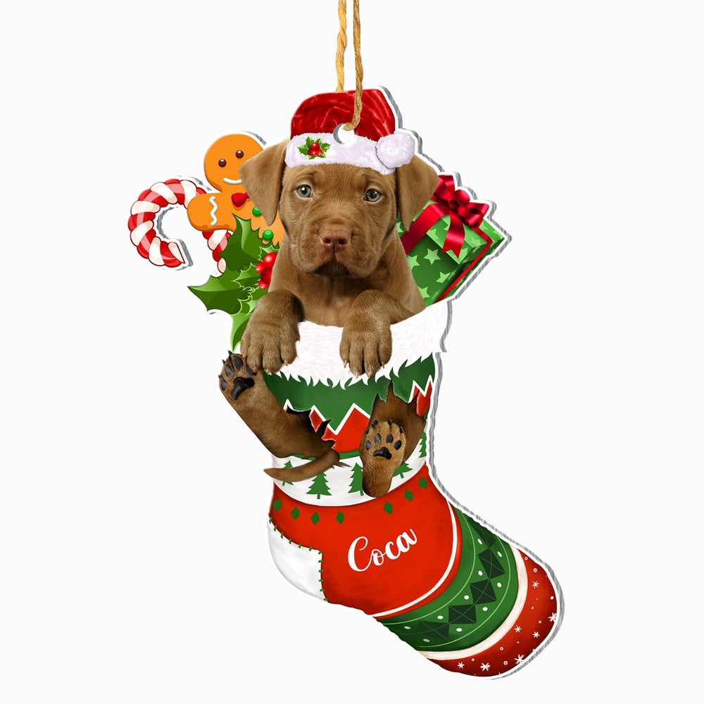 Christmas Dog Ornament, Personalized Pitbull In Christmas Stocking Ornament, New Dog Christmas Ornament