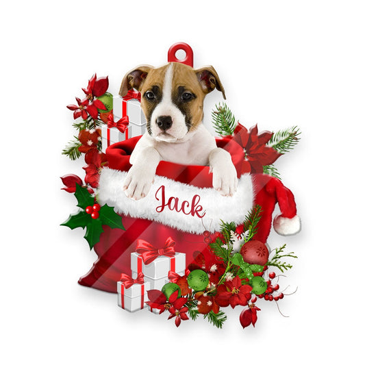 Christmas Dog Ornament, Personalized Pitbull In Santa's Bag Christmas Acrylic Ornament, New Dog Christmas Ornament