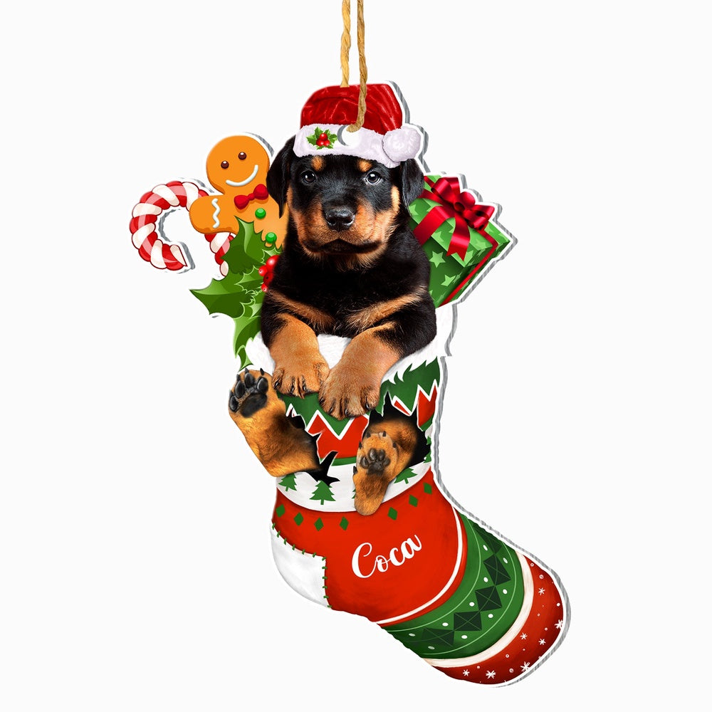 Christmas Dog Ornament, Personalized Rottweiler In Christmas Stocking Ornament, New Dog Christmas Ornament