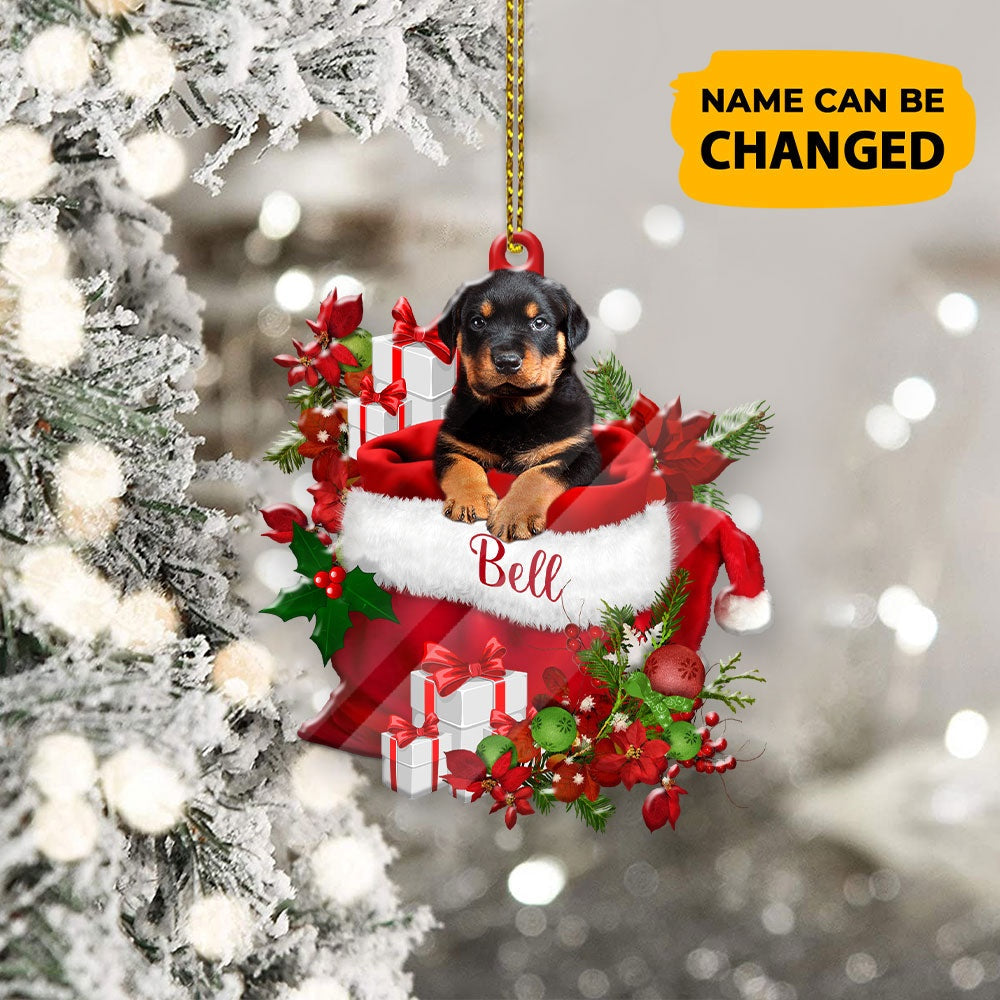 Christmas Dog Ornament, Personalized Rottweiler In Santa's Bag Christmas Acrylic Ornament, New Dog Christmas Ornament