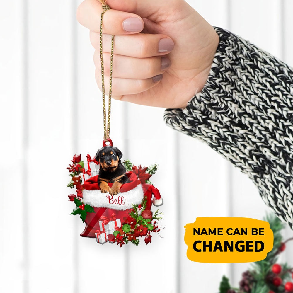 Christmas Dog Ornament, Personalized Rottweiler In Santa's Bag Christmas Acrylic Ornament, New Dog Christmas Ornament