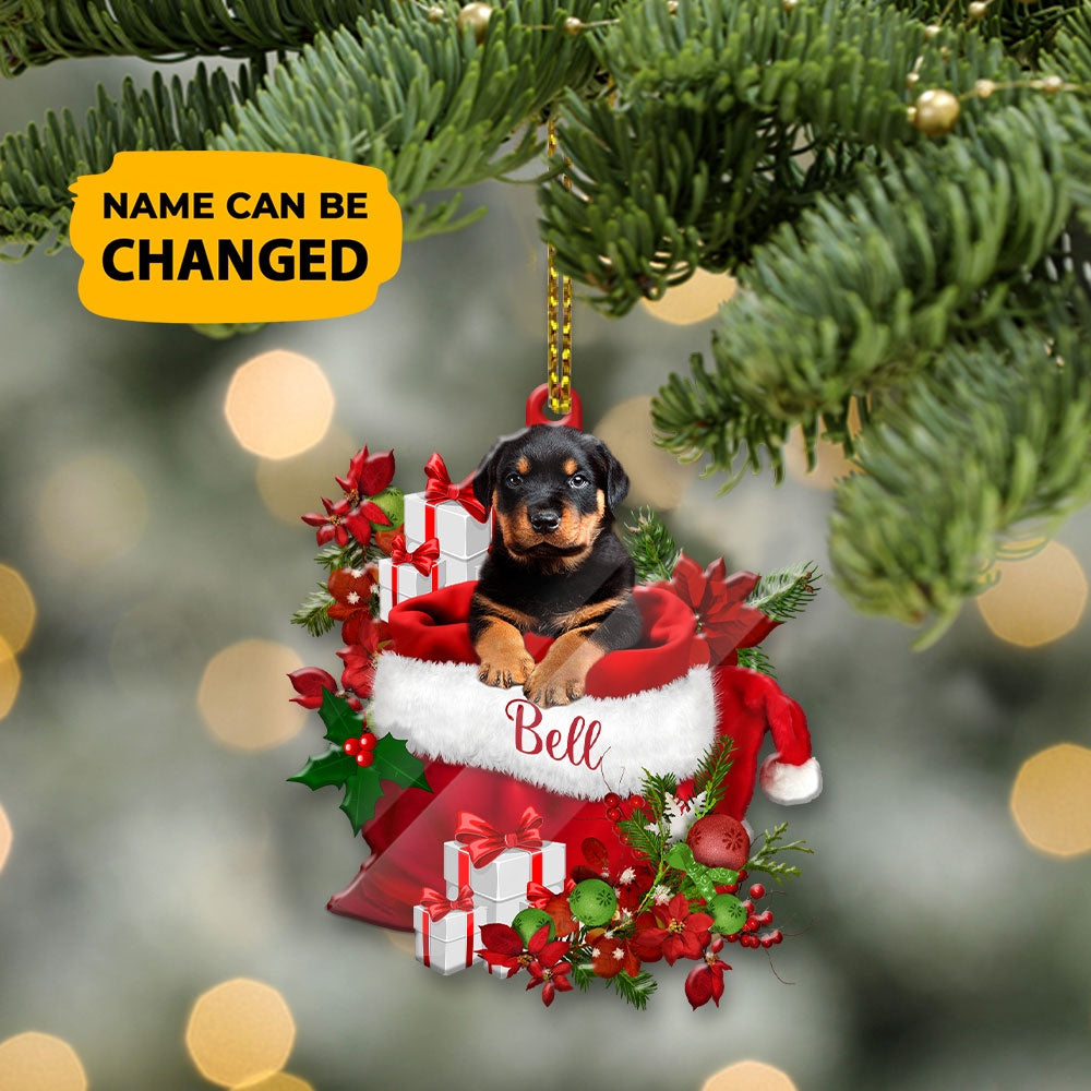 Christmas Dog Ornament, Personalized Rottweiler In Santa's Bag Christmas Acrylic Ornament, New Dog Christmas Ornament