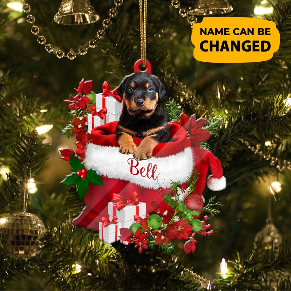 Christmas Dog Ornament, Personalized Rottweiler In Santa's Bag Christmas Acrylic Ornament, New Dog Christmas Ornament
