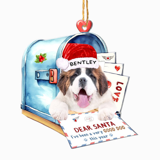 Christmas Dog Ornament, Personalized Saint Bernard In Mailbox Christmas Ornament, New Dog Christmas Ornament