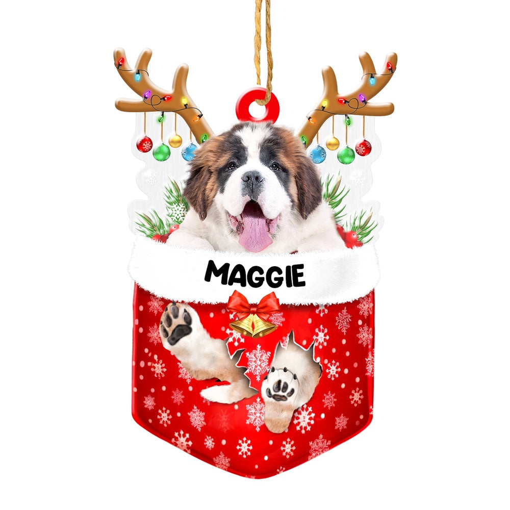 Christmas Dog Ornament, Personalized Saint Bernard In Snow Pocket Christmas Acrylic Ornament, New Dog Christmas Ornament