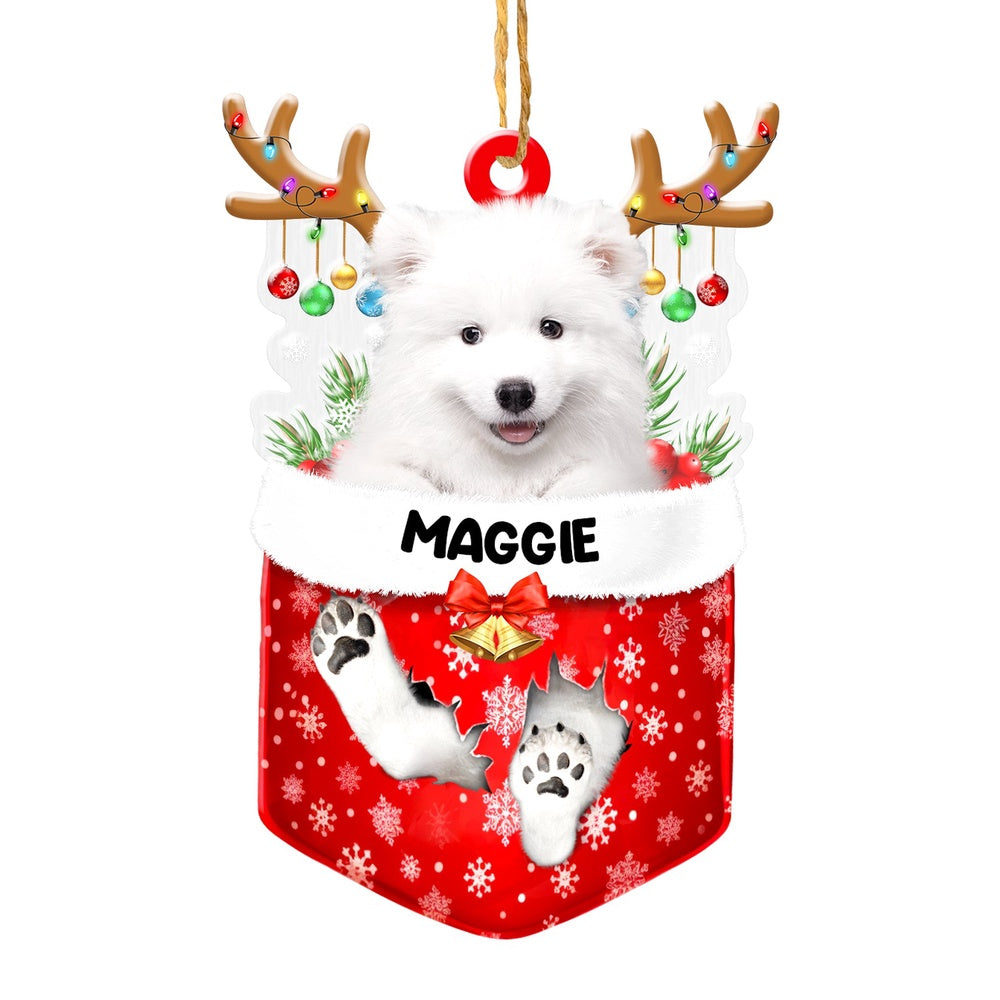 Christmas Dog Ornament, Personalized Samoyed In Snow Pocket Christmas Acrylic Ornament, New Dog Christmas Ornament
