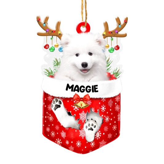 Christmas Dog Ornament, Personalized Samoyed In Snow Pocket Christmas Acrylic Ornament, New Dog Christmas Ornament