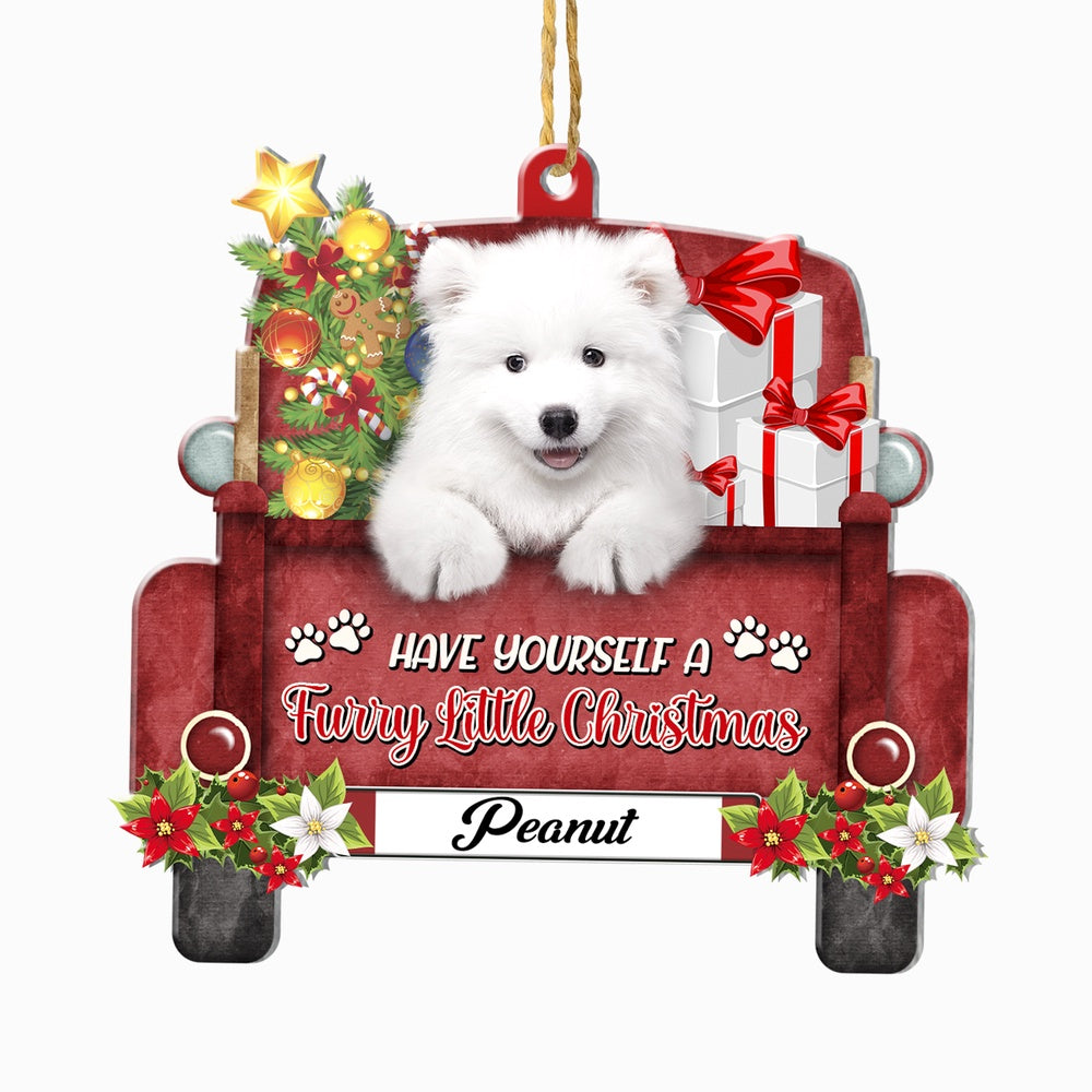 Christmas Dog Ornament, Personalized Samoyed Red Truck Christmas Ornament, New Dog Christmas Ornament