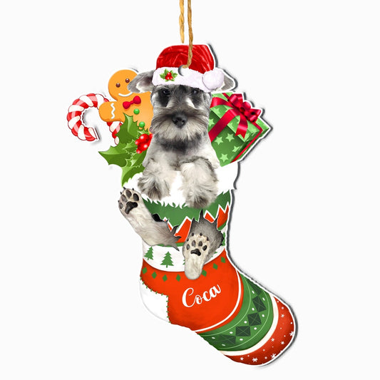 Christmas Dog Ornament, Personalized Schnauzer In Christmas Stocking Ornament, New Dog Christmas Ornament