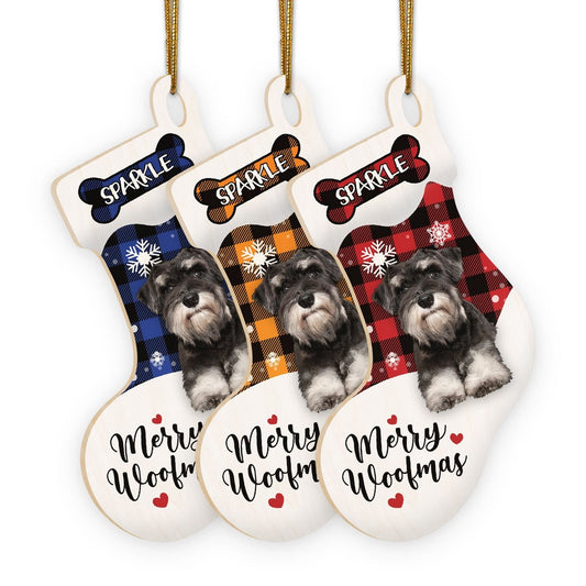 Christmas Dog Ornament, Personalized Schnauzer Stocking Christmas Wood Ornament, New Dog Christmas Ornament