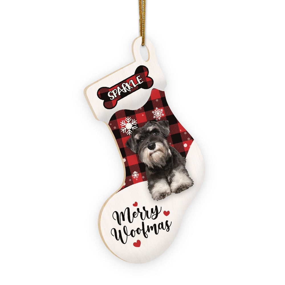 Christmas Dog Ornament, Personalized Schnauzer Stocking Christmas Wood Ornament, New Dog Christmas Ornament