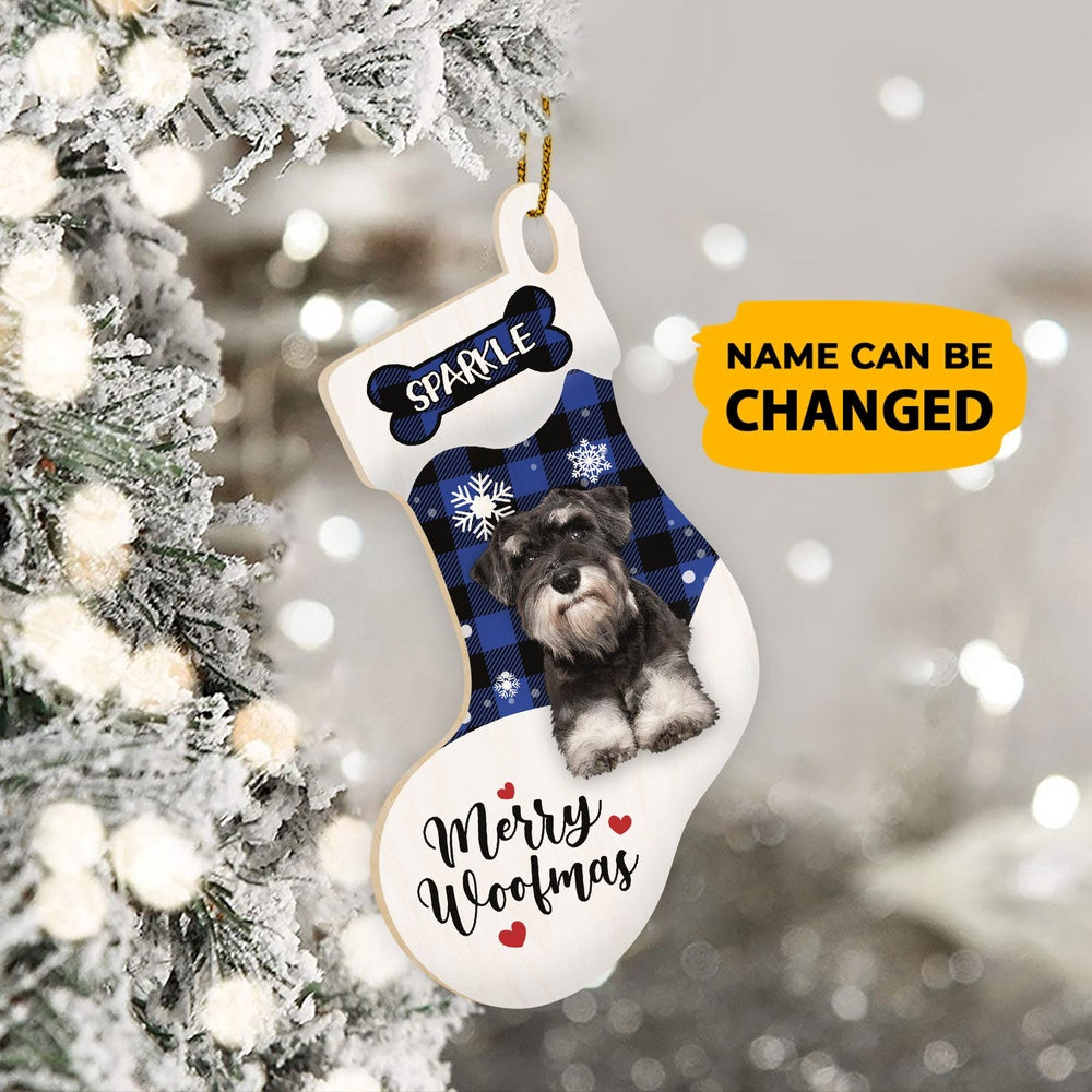 Christmas Dog Ornament, Personalized Schnauzer Stocking Christmas Wood Ornament, New Dog Christmas Ornament
