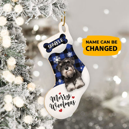 Christmas Dog Ornament, Personalized Schnauzer Stocking Christmas Wood Ornament, New Dog Christmas Ornament