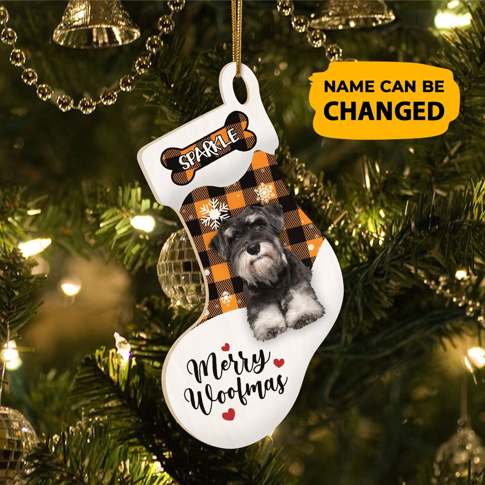 Christmas Dog Ornament, Personalized Schnauzer Stocking Christmas Wood Ornament, New Dog Christmas Ornament