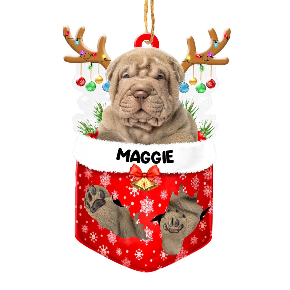 Christmas Dog Ornament, Personalized Shar Pei In Snow Pocket Christmas Acrylic Ornament, New Dog Christmas Ornament