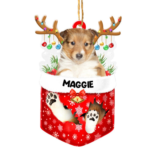 Christmas Dog Ornament, Personalized Shetland Sheepdog In Snow Pocket Christmas Acrylic Ornament, New Dog Christmas Ornament
