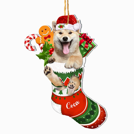Christmas Dog Ornament, Personalized Shiba Inu In Christmas Stocking Ornament, New Dog Christmas Ornament