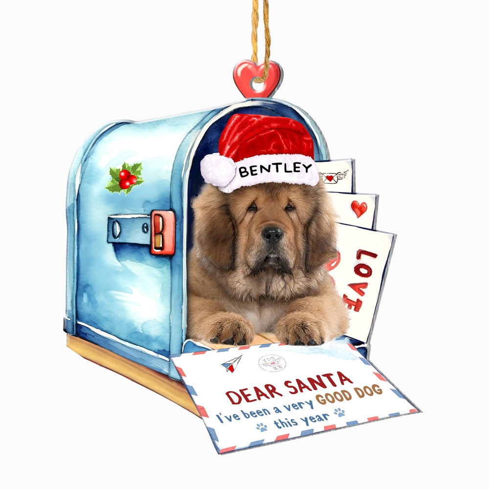 Christmas Dog Ornament, Personalized Tibetan Mastiff In Mailbox Christmas Ornament, New Dog Christmas Ornament