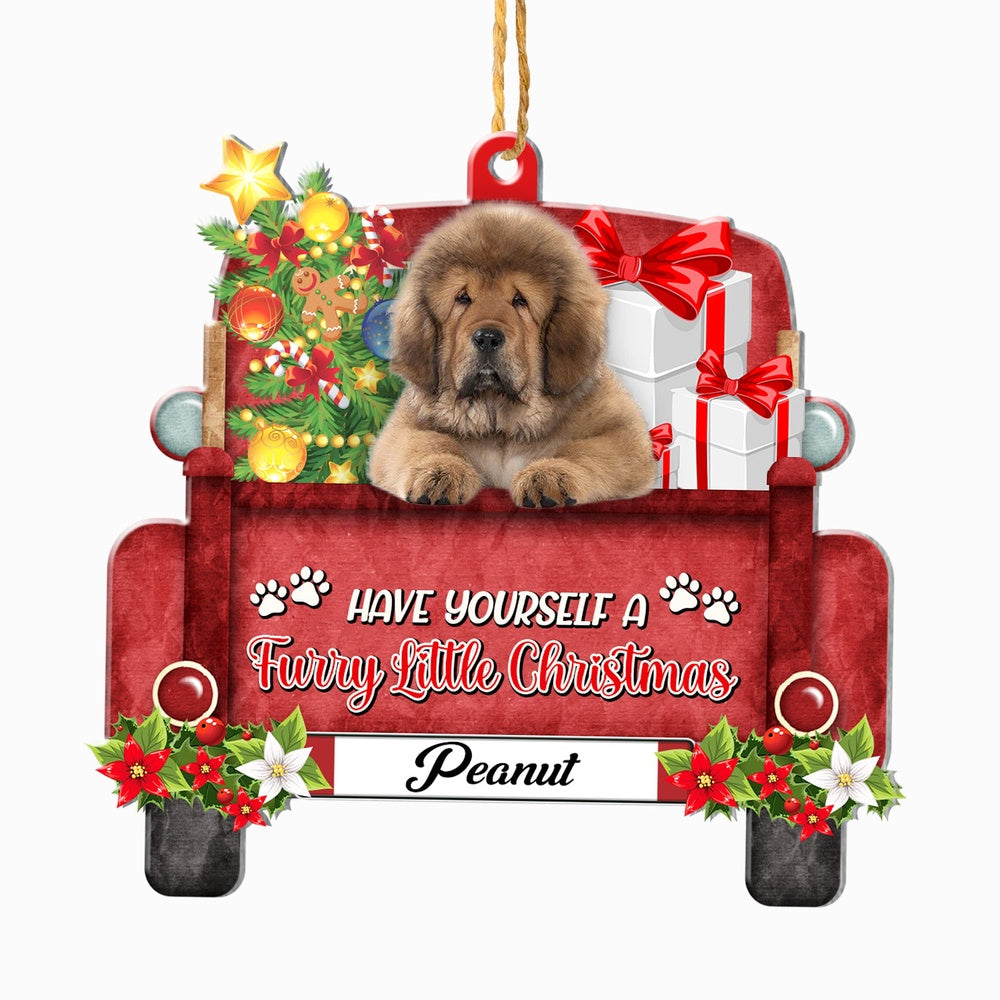 Christmas Dog Ornament, Personalized Tibetan Mastiff Red Truck Christmas Ornament, New Dog Christmas Ornament