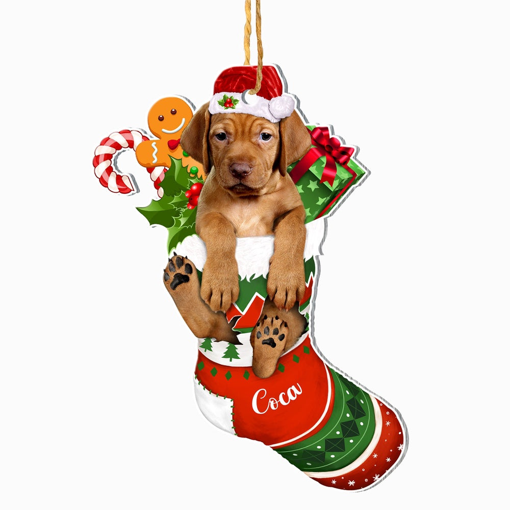 Christmas Dog Ornament, Personalized Vizsla In Christmas Stocking Ornament, New Dog Christmas Ornament