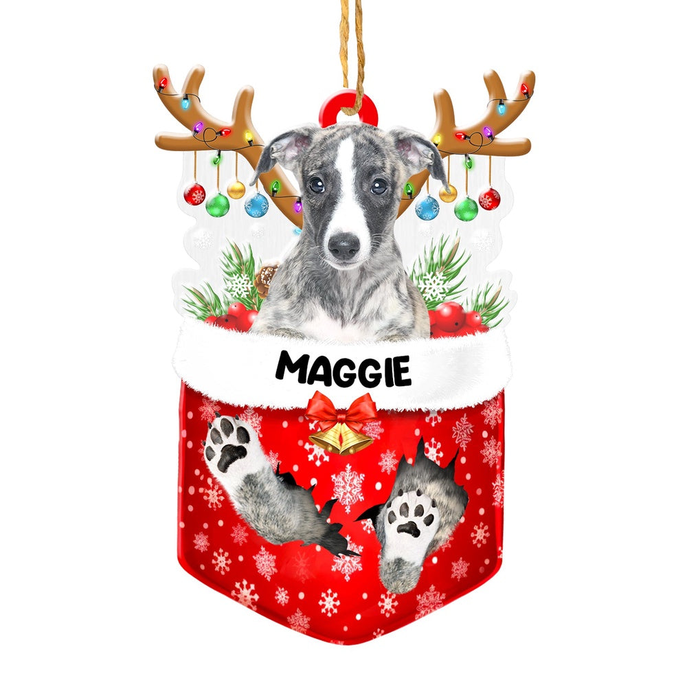Christmas Dog Ornament, Personalized Whippet In Snow Pocket Christmas Acrylic Ornament, New Dog Christmas Ornament