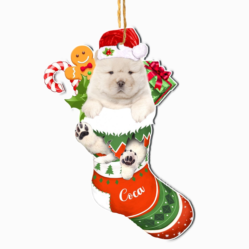Christmas Dog Ornament, Personalized White Chow Chow In Christmas Stocking Ornament, New Dog Christmas Ornament