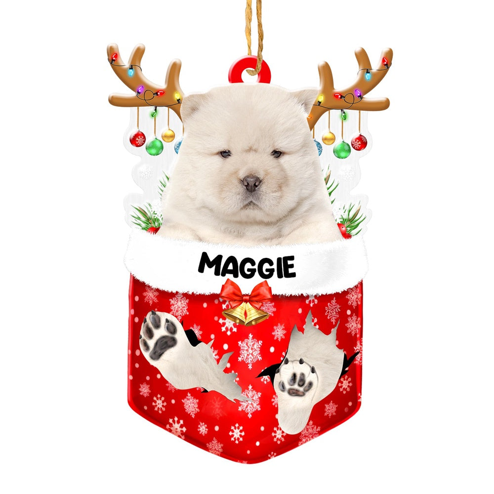 Christmas Dog Ornament, Personalized White Chow Chow In Snow Pocket Christmas Acrylic Ornament, New Dog Christmas Ornament