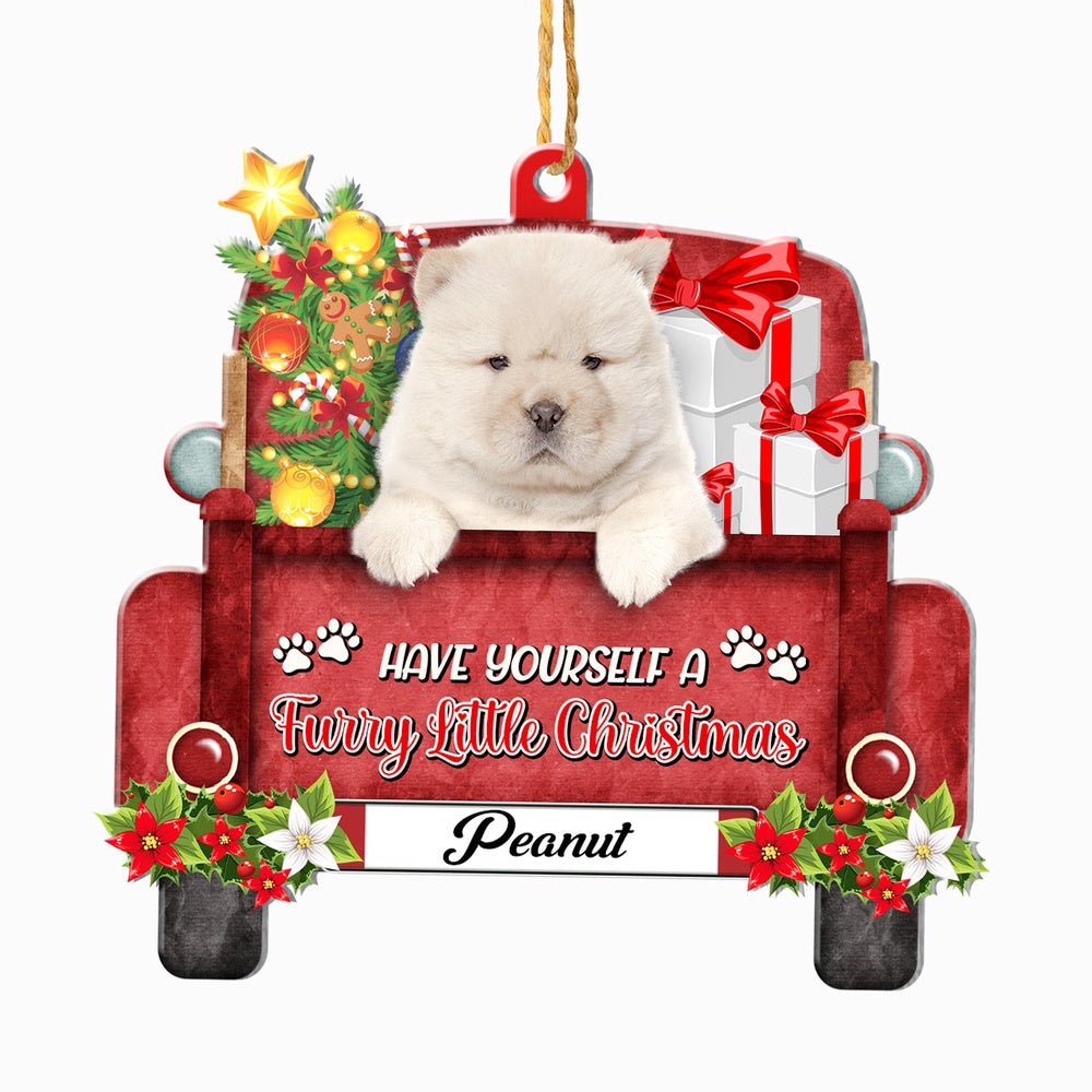 Christmas Dog Ornament, Personalized White Chow Chow Red Truck Christmas Ornament, New Dog Christmas Ornament