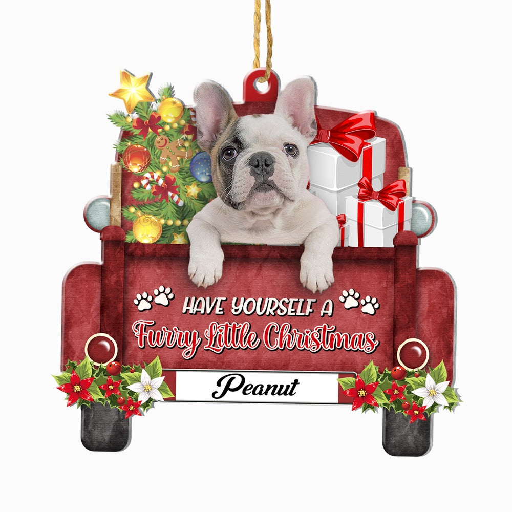 Christmas Dog Ornament, Personalized White French Bulldog Red Truck Christmas Ornament, New Dog Christmas Ornament