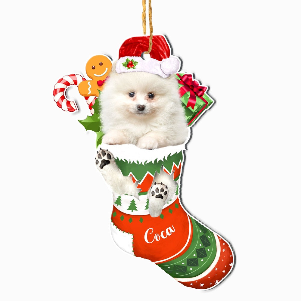 Christmas Dog Ornament, Personalized White Pomeranian In Christmas Stocking Ornament, New Dog Christmas Ornament