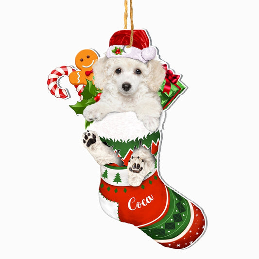 Christmas Dog Ornament, Personalized White Poodle In Christmas Stocking Ornament, New Dog Christmas Ornament