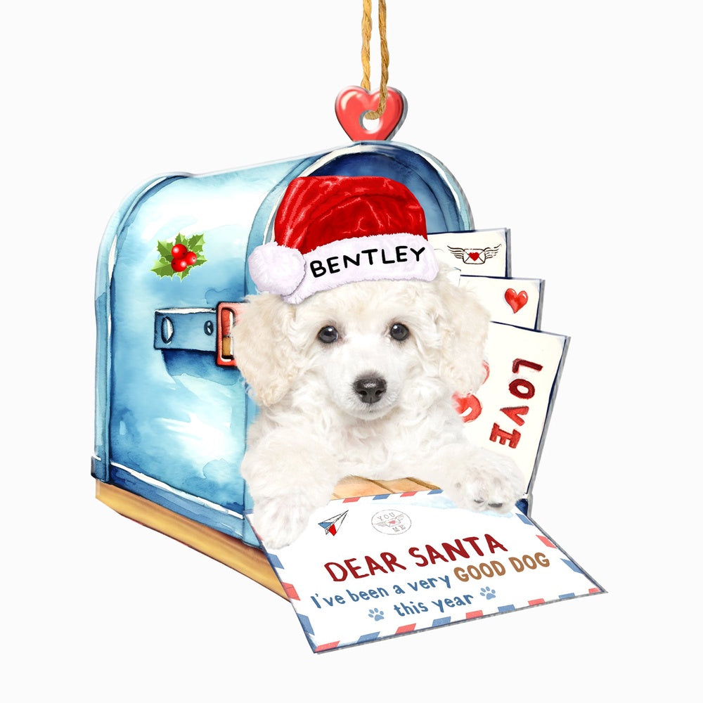 Christmas Dog Ornament, Personalized White Poodle In Mailbox Christmas Ornament, New Dog Christmas Ornament