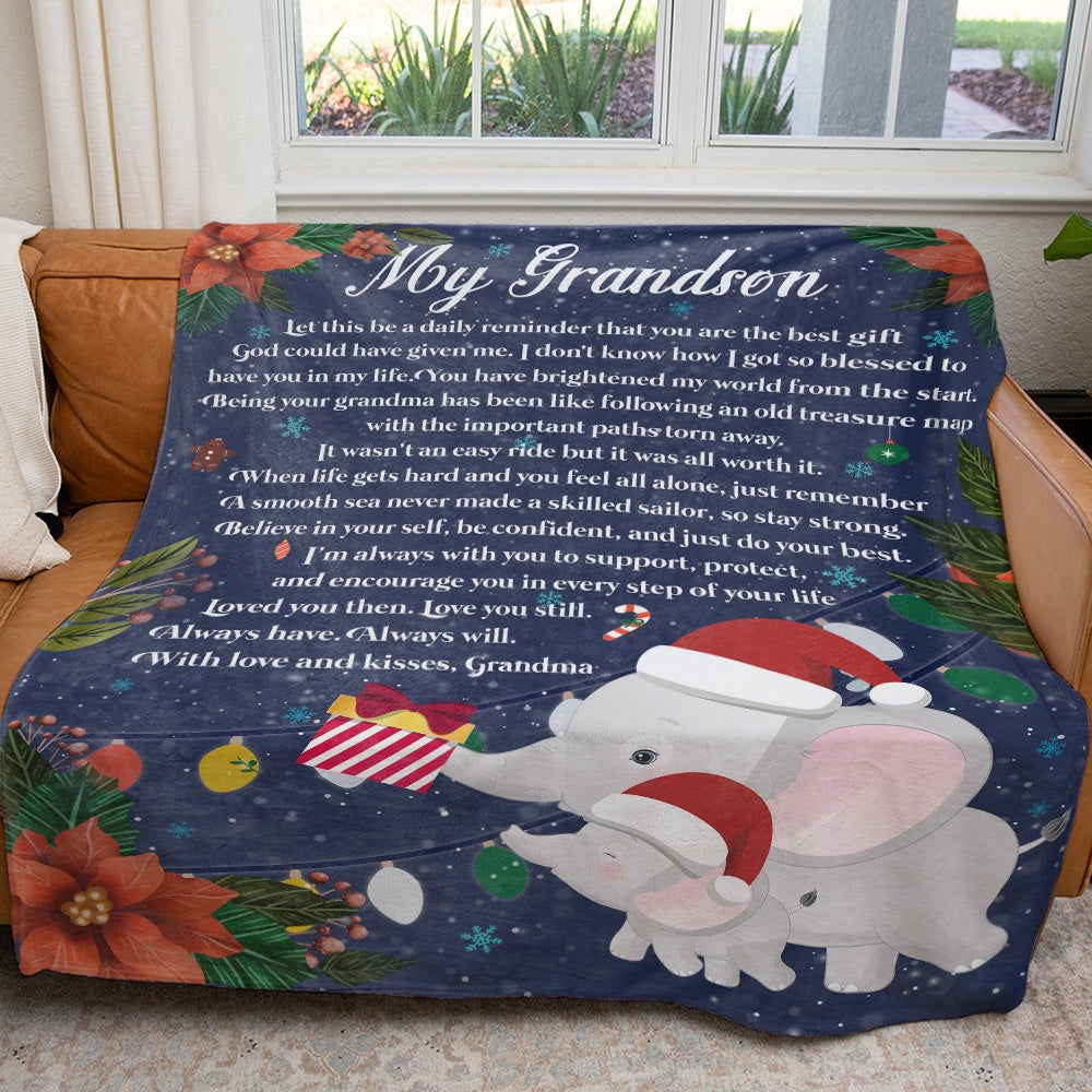 Christmas Gift Ideas Elephants Blanket for Grandson, Beautiful Quote Grandson Grandparents Blanket Christmas Gift Ideas