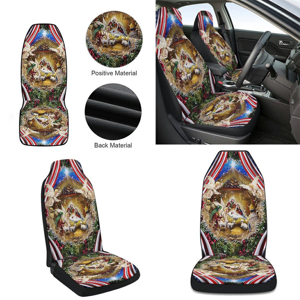Christmas Is All About Jesus Holy Family Nativity Of Jesus Christmas American flag Cars Seat Cover, Christmas Car Seat Covers, Car Decor Gift
