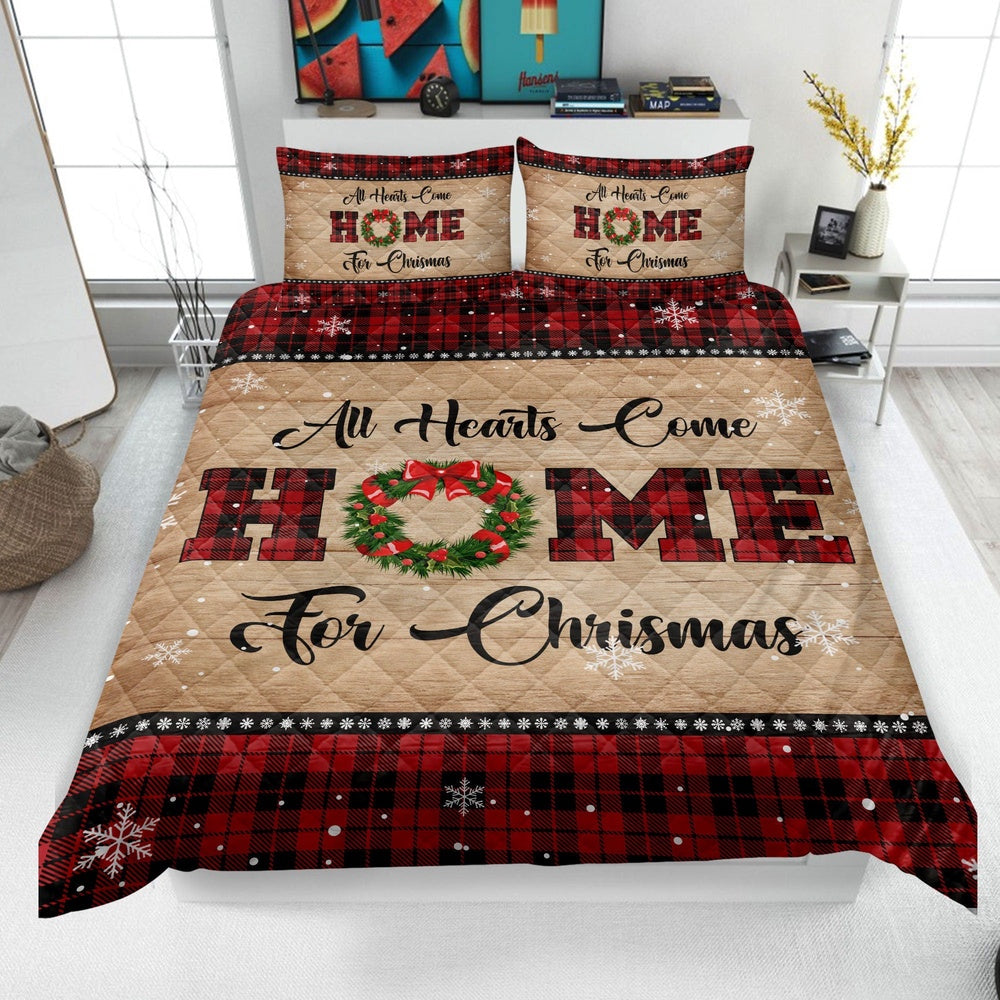 Christmas Quilt Set, All Hearts Come Home For Christmas Quilt Blanket & Pillowcases, Red Truck Quilt Bedding Set
