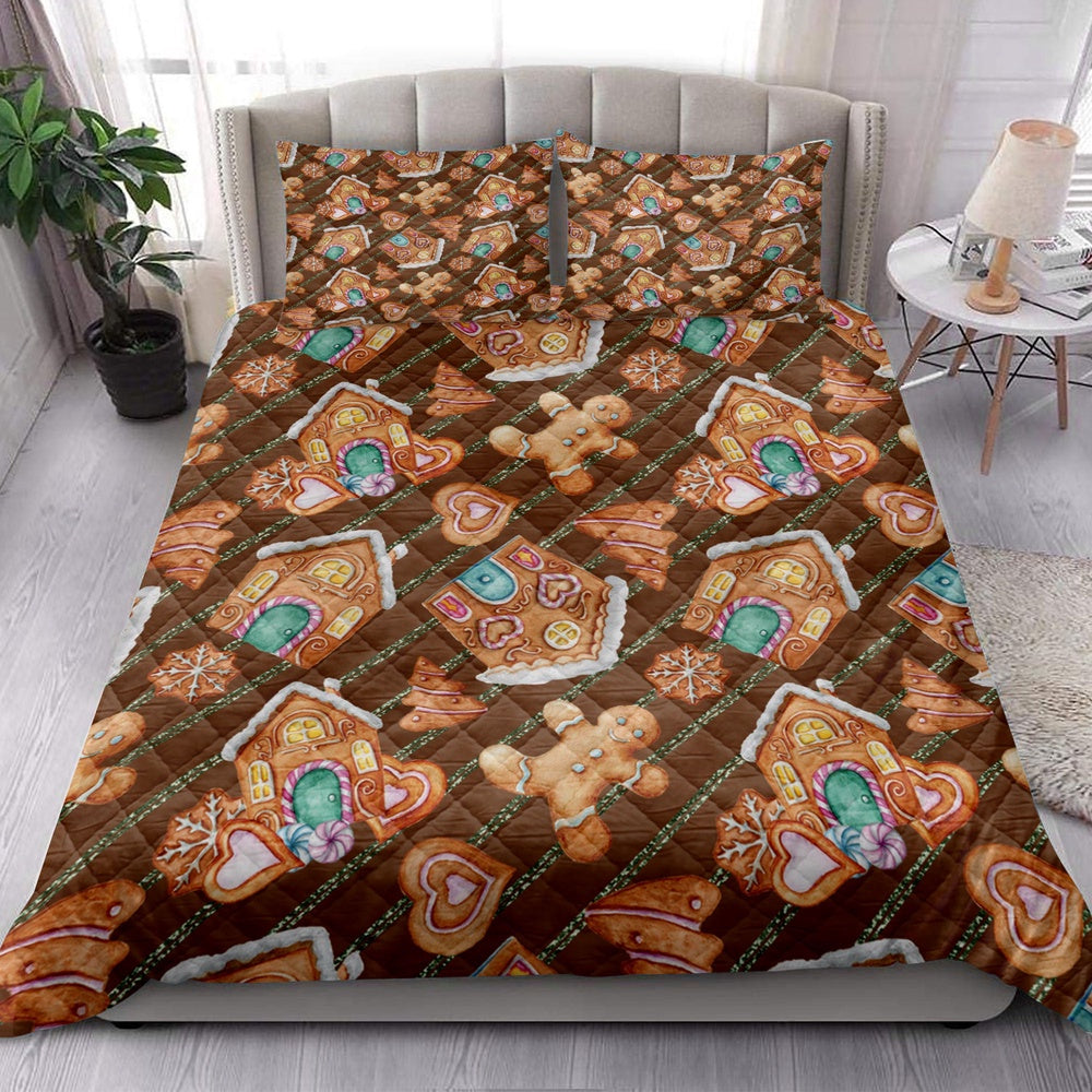 Christmas Quilt Set, Christmas Gingerbread Ho Use Cookies Winter Holiday Quilt Blanket