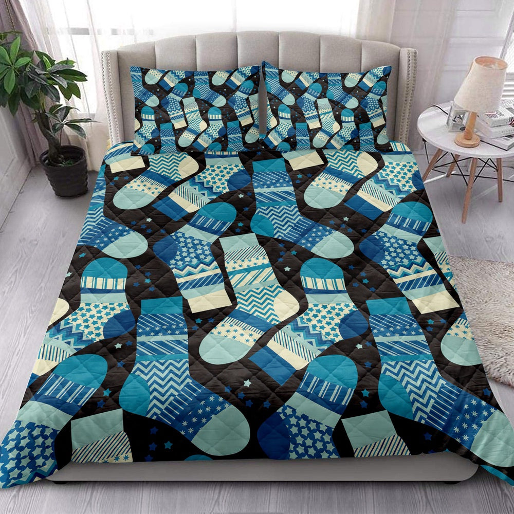 Christmas Quilt Set, Christmas Green Stocking Snowflakes Winter Holidaymass Quilt Blanket