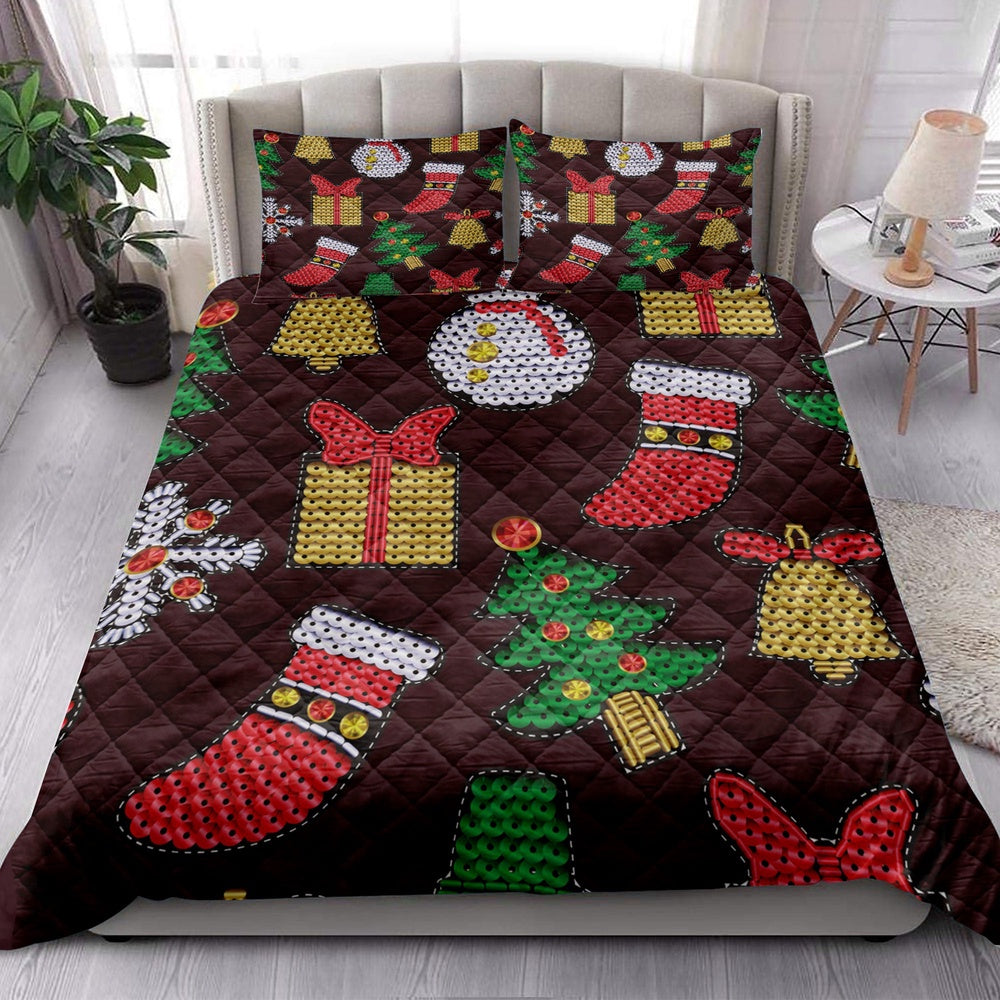 Christmas Quilt Set, Christmas Patch With Sequins Xmas Holidays Quilt Blanket