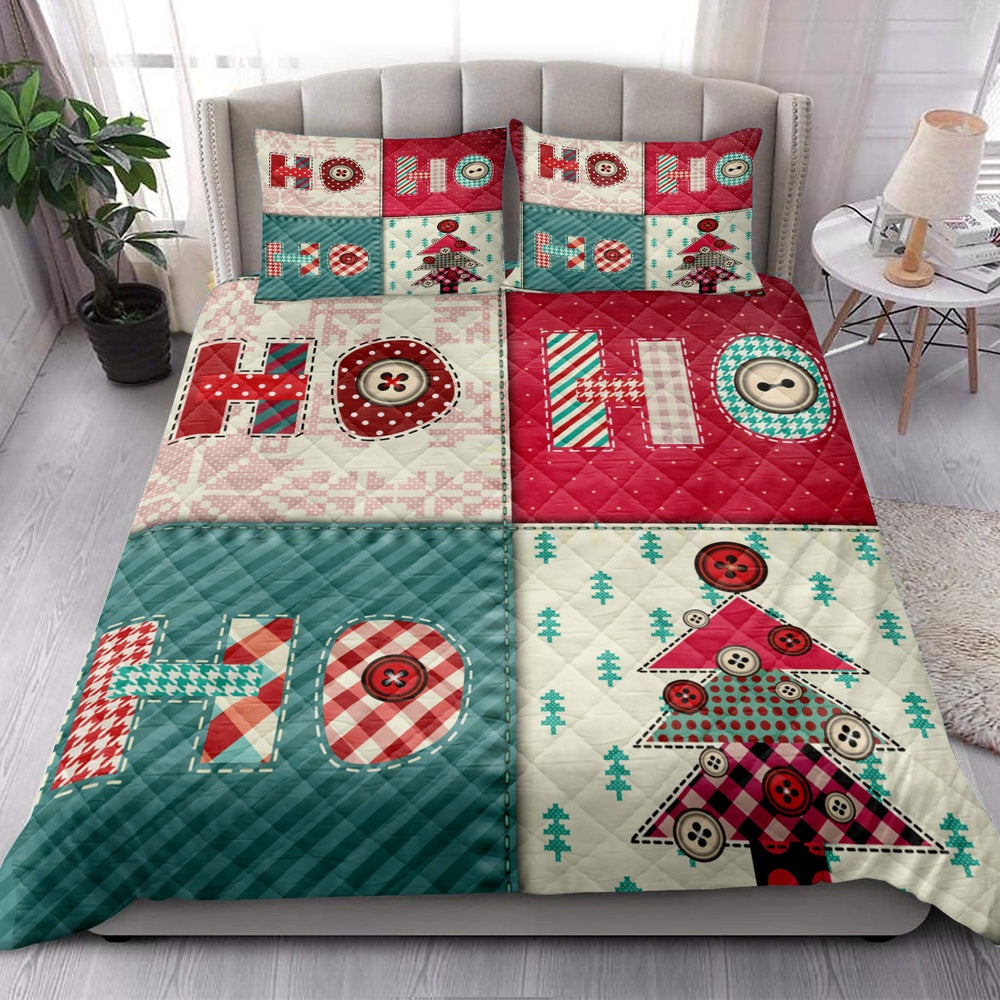 Christmas Quilt Set, Christmas Patchwork Ho-Ho-Ho Winter Holidaymass Quilt Blanket