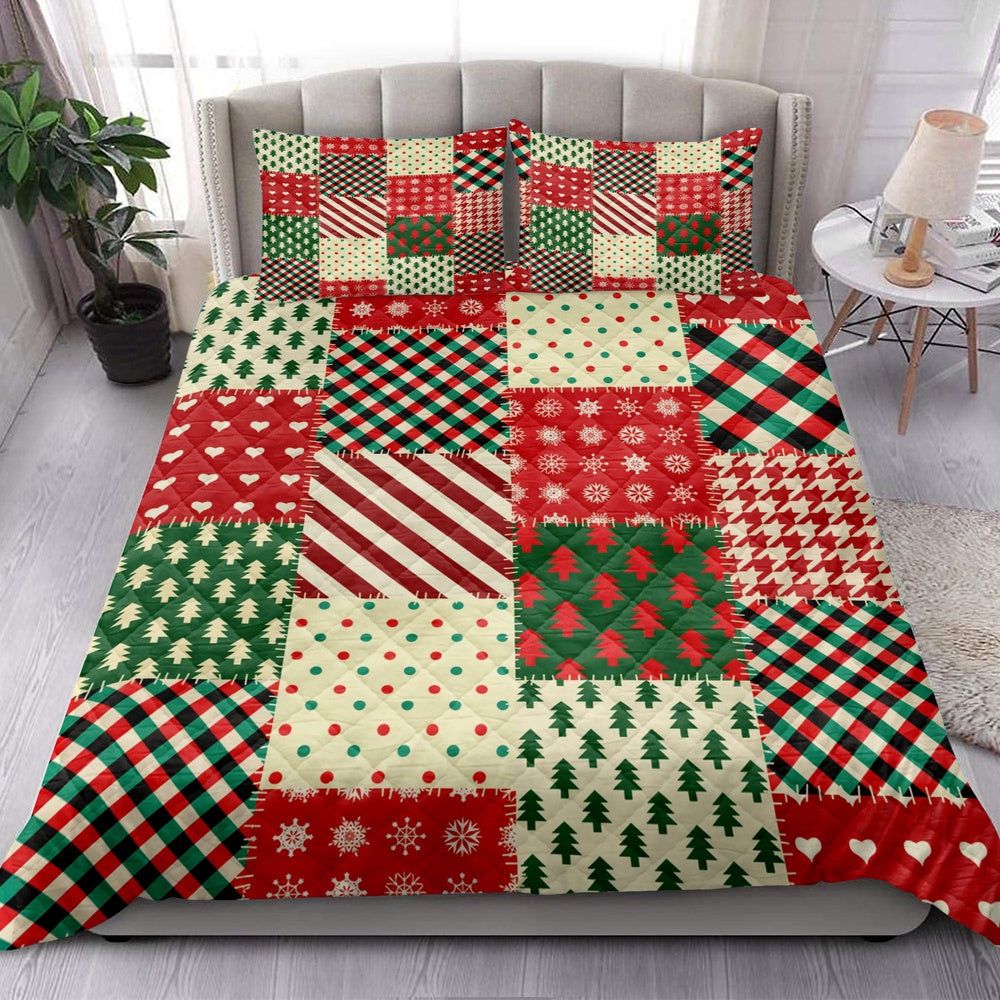 Christmas Quilt Set, Christmas Patchwork Snowflakemas Tree Buffalo Plaid Quilt Blanket