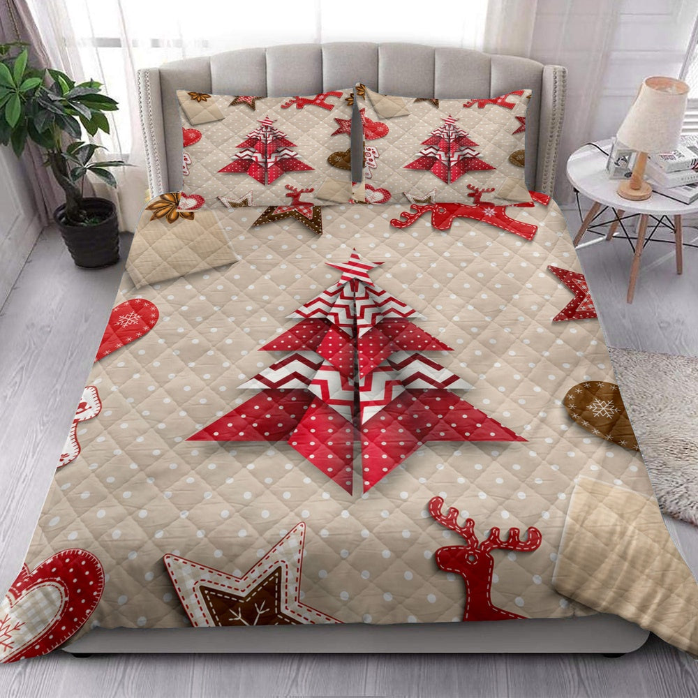 Christmas Quilt Set, Christmas Red And White Origami Tree On Polka Dotmas Quilt Blanket