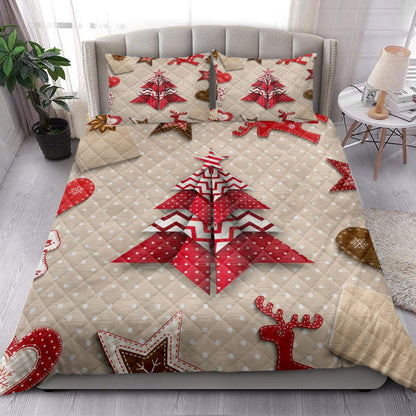 Christmas Quilt Set, Christmas Red And White Origami Tree On Polka Dotmas Quilt Blanket