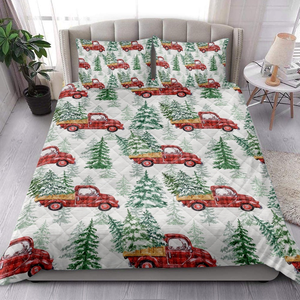 Christmas Quilt Set, Christmas Red Buffalo Plaid Truck Pine Trees Holiday Snowy Tree Quilt Blanket