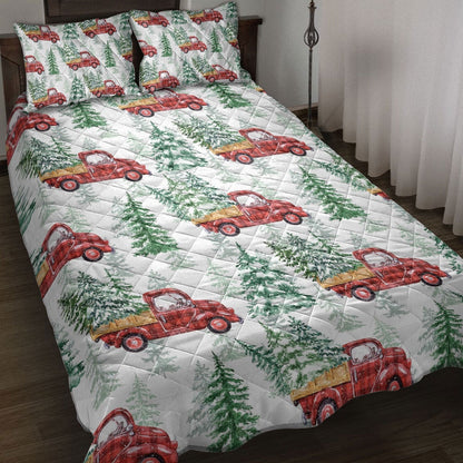 Christmas Quilt Set, Christmas Red Buffalo Plaid Truck Pine Trees Holiday Snowy Tree Quilt Blanket