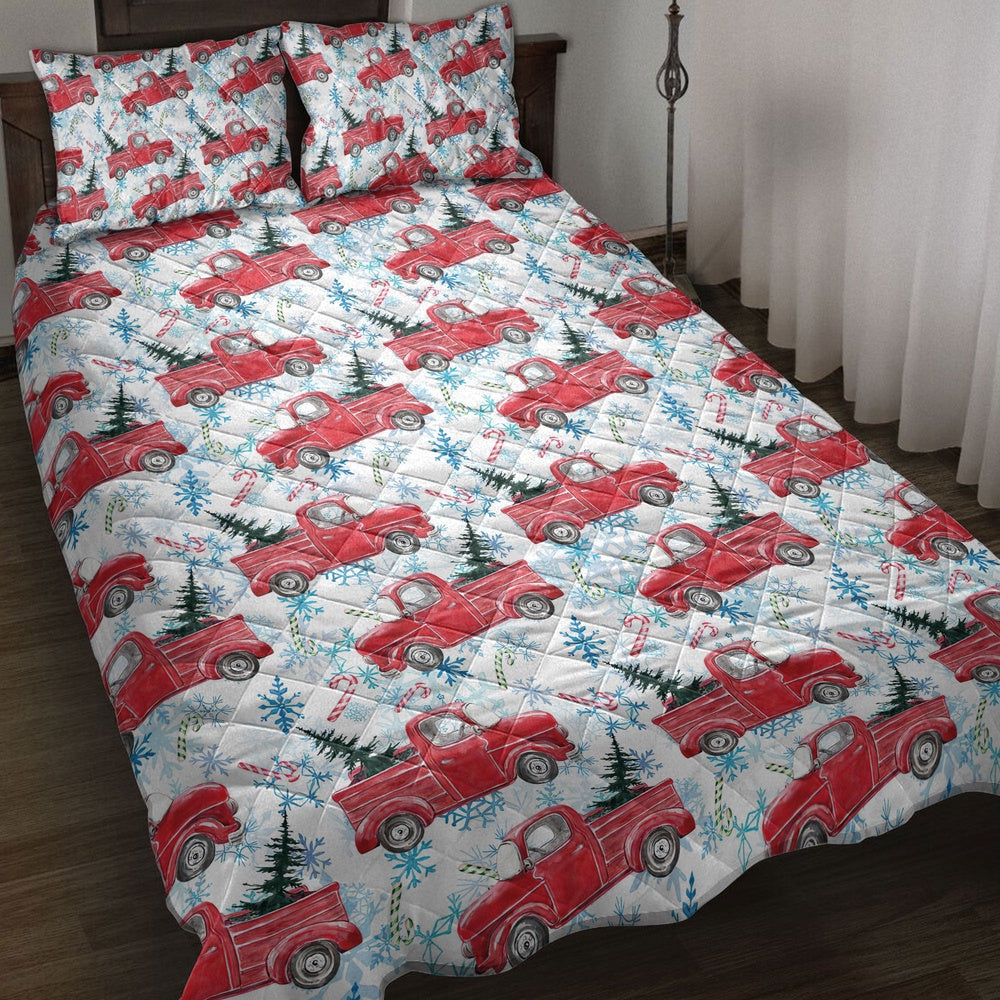 Christmas Quilt Set, Christmas Red Truck Candy Cane Snowflake Fir Tree Pine Tree Winter Quilt Blanket