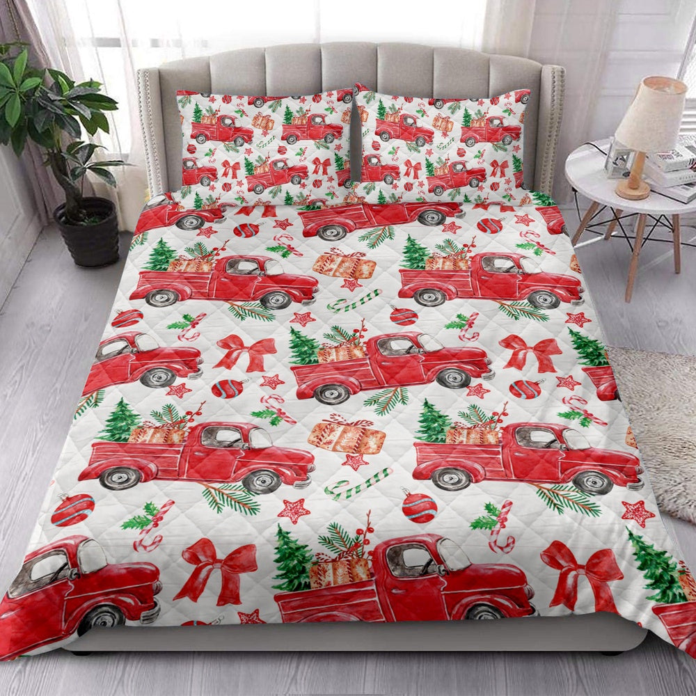 Christmas Quilt Set, Christmas Red Truck Fir Tree Candy Cane Winter Holiday Quilt Blanket